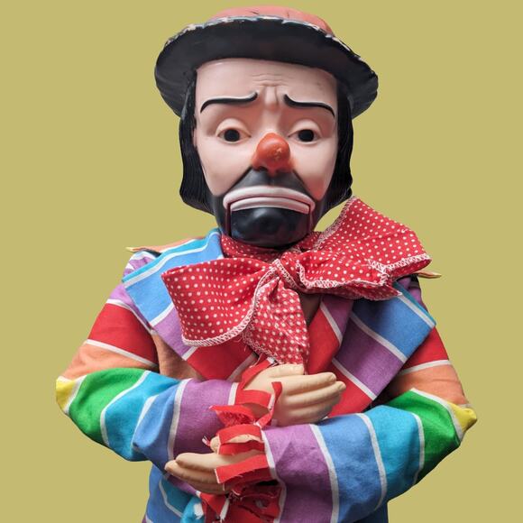 Vintage 1990s Emmett Kelly Hobo Clown 30" Ventriloquist Dummy in Rainbow Jacket - Picture 3 of 5